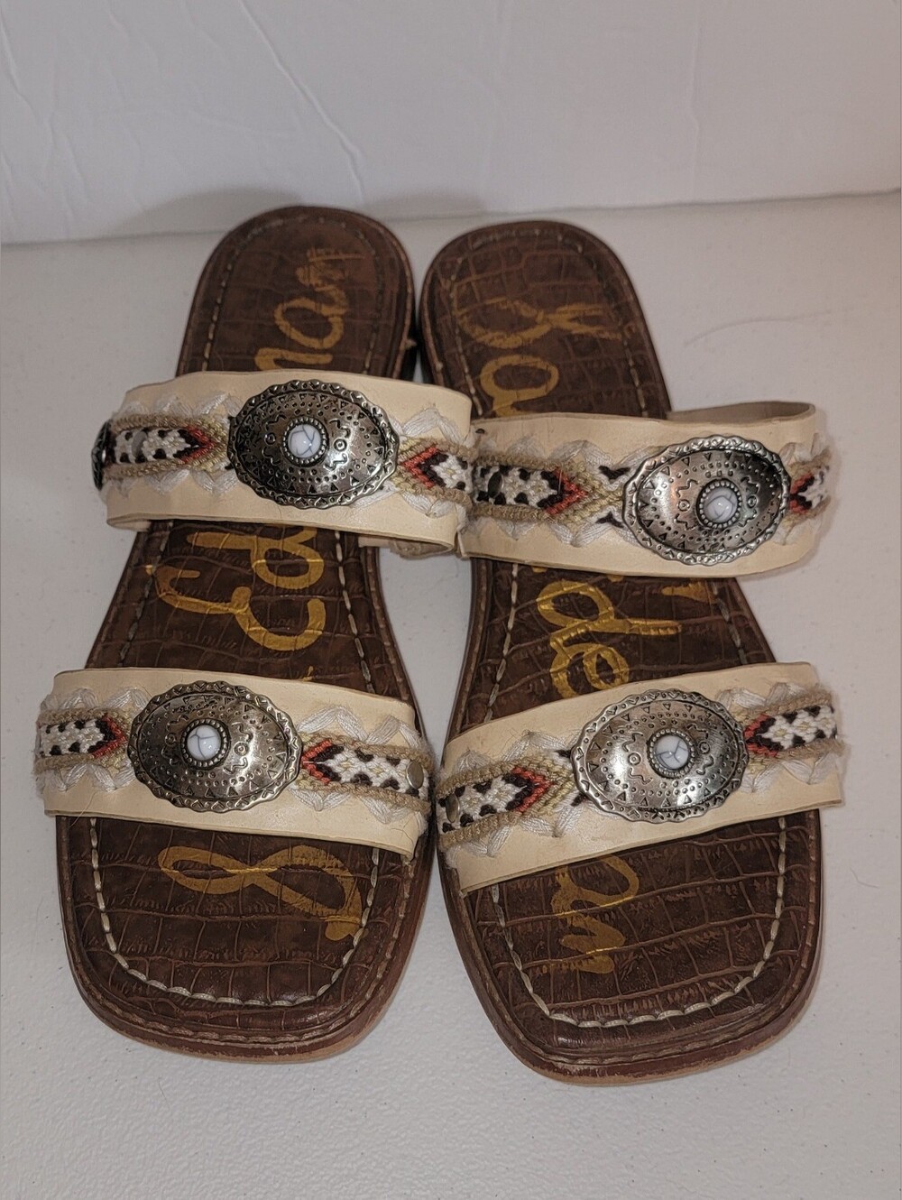 Sam Edelman "Hardyn" Cream Double-Strap Slide Sandals with Silver Conchos Sz 8